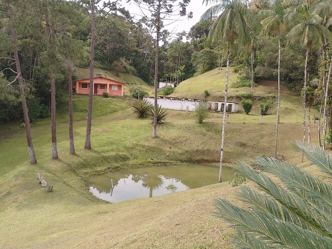 Vista geral do terreno, com o lago e a casa ao fundo
